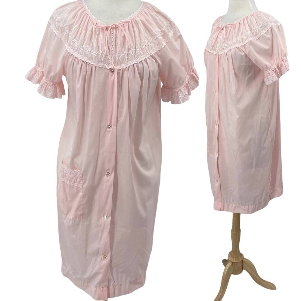 Vintage Nightgown Embroidered Neck Ruffled Short Sleeves Mini Pink Womens Medium